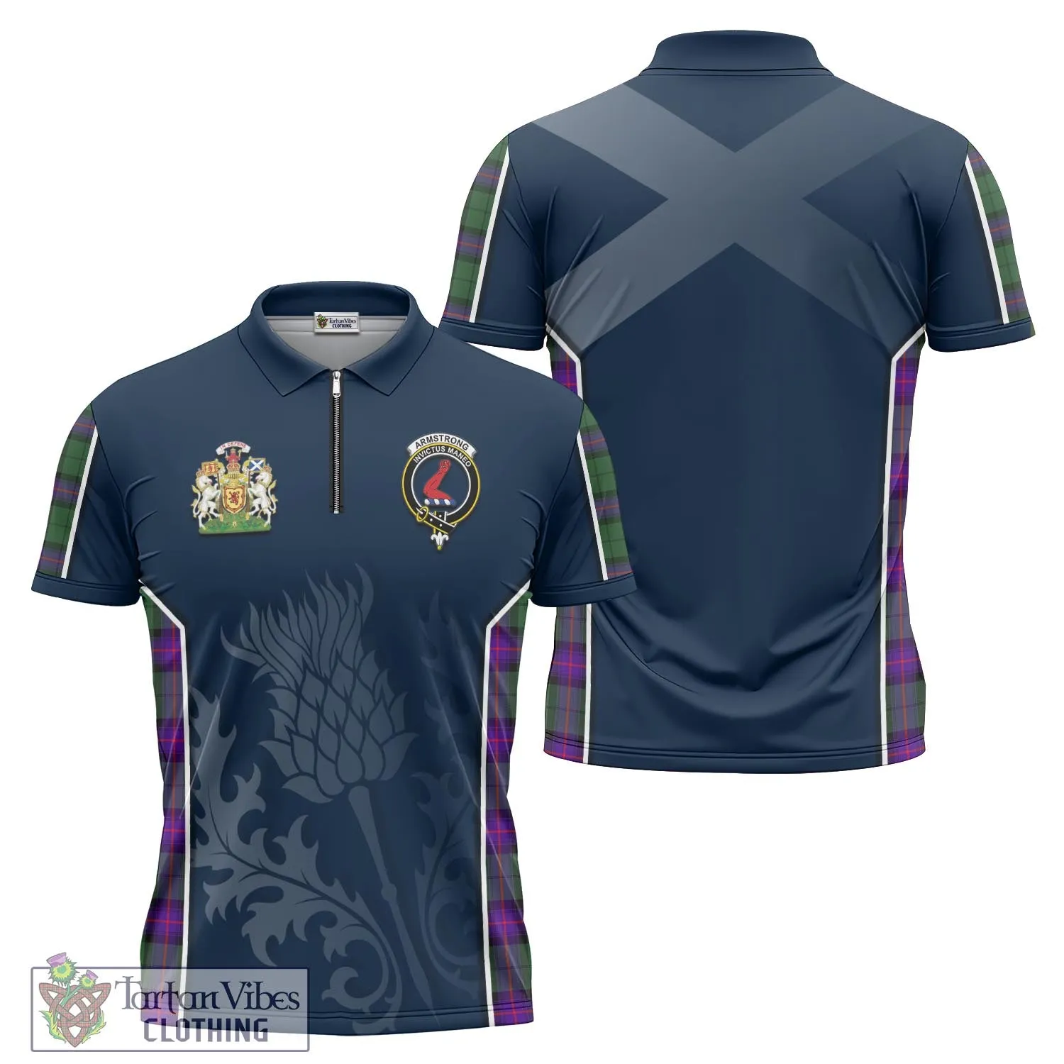 Armstrong Modern Tartan Zipper Polo Shirt with Family Crest and Scottish Thistle Vibes Sport Style