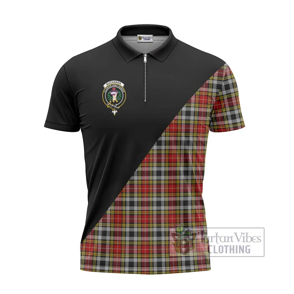 Buchanan Old Dress Tartan Zipper Polo Shirt with Family Crest and Military Logo Style