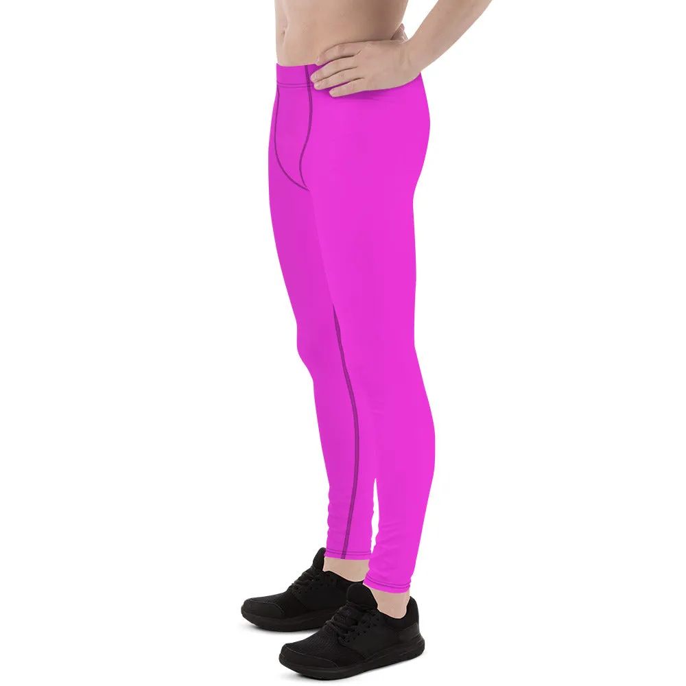 Neon Pink Meggings, Bright Cute Solid Color Pink Premium Quality Men's Running Leggings Run Tights - Made in USA/EU