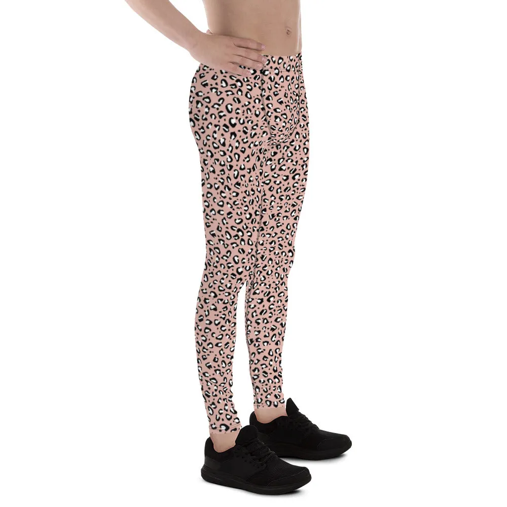 Pink Leopard Print Men's Leggings, Leopard Animal Print Best Premium Running Tights For Men - Made in USA/EU/MX
