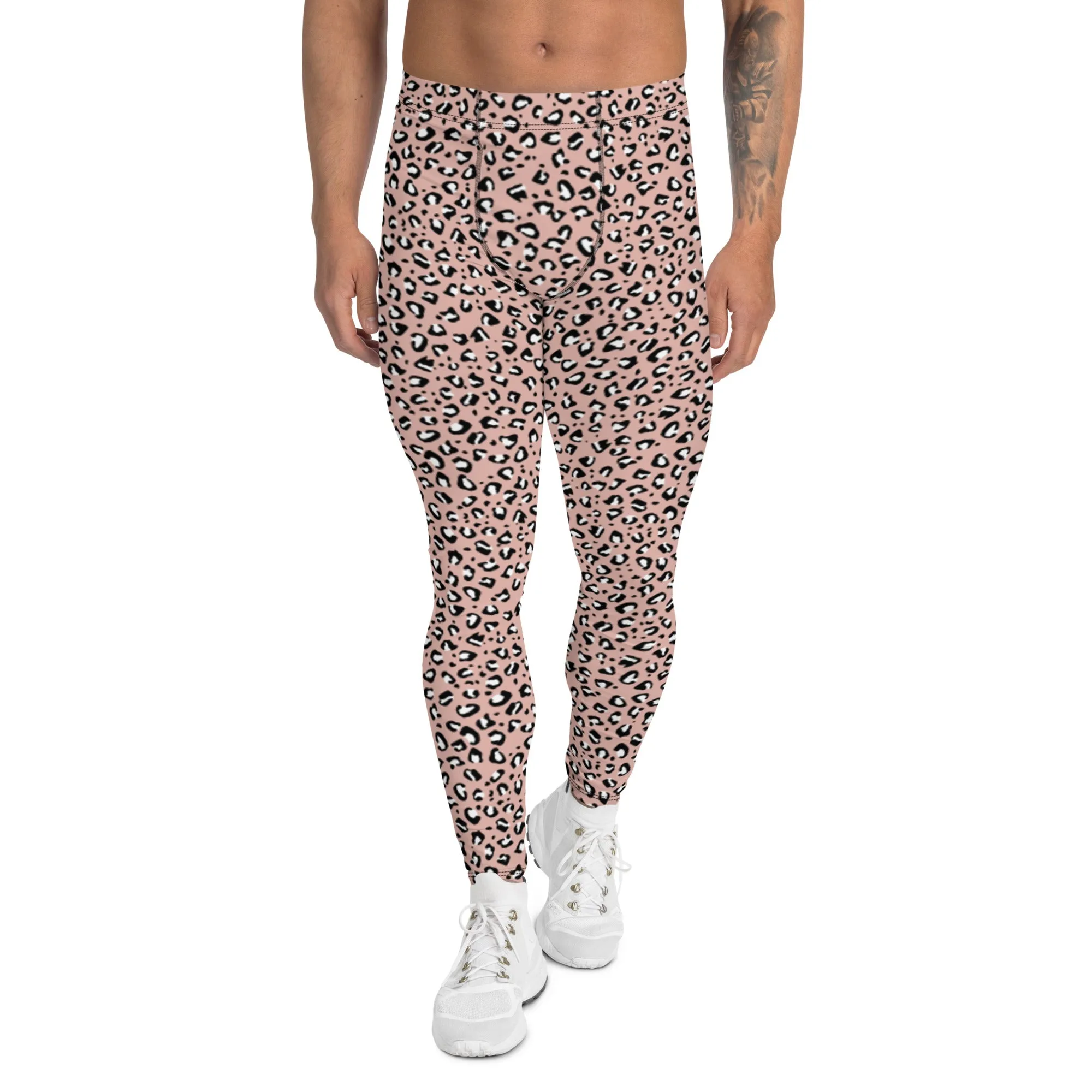 Pink Leopard Print Men's Leggings, Leopard Animal Print Best Premium Running Tights For Men - Made in USA/EU/MX