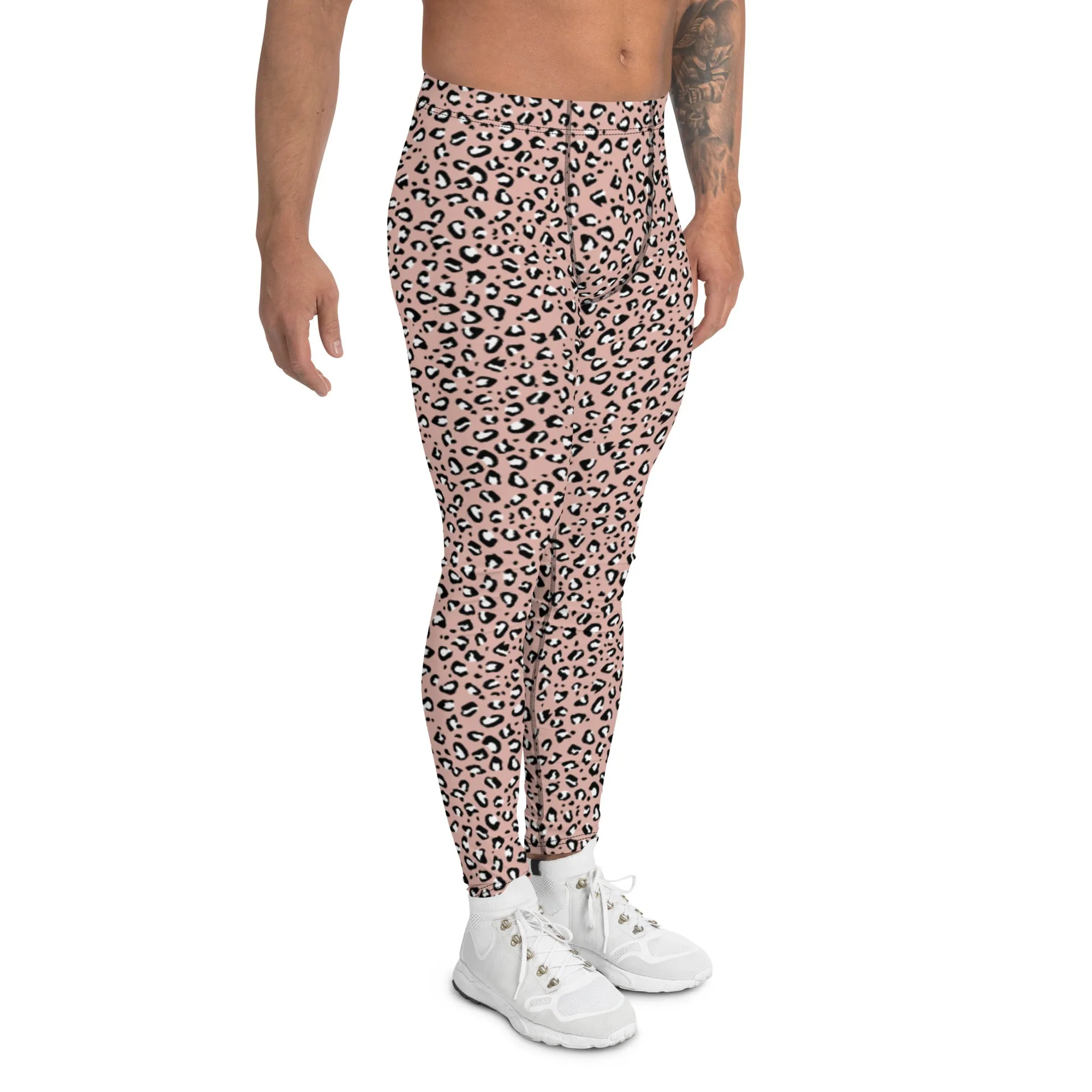Pink Leopard Print Men's Leggings, Leopard Animal Print Best Premium Running Tights For Men - Made in USA/EU/MX
