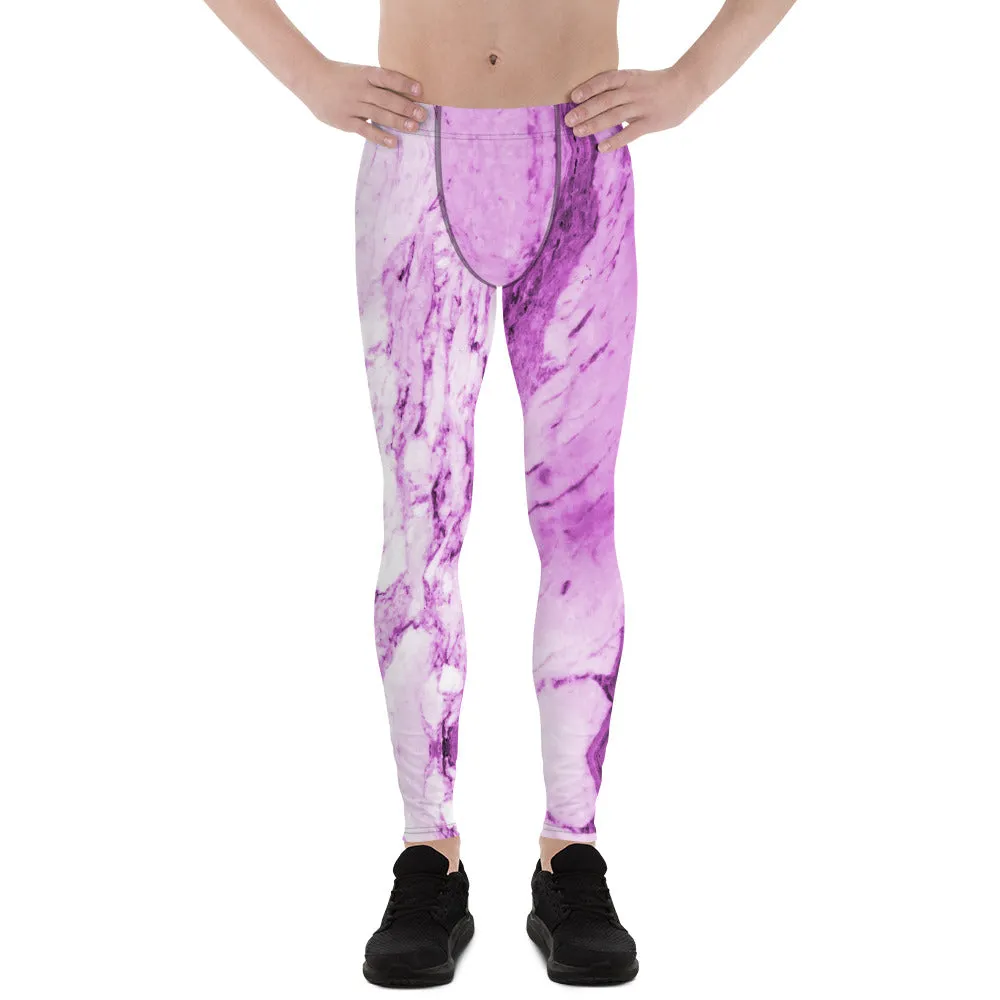 Pink Purple Marble Print Meggings, Abstract Designer Cool Men's Leggings-Made in USA/EU