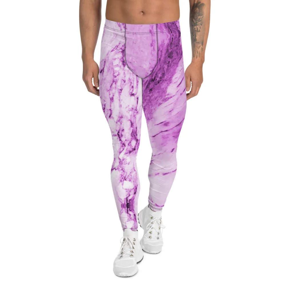 Pink Purple Marble Print Meggings, Abstract Designer Cool Men's Leggings-Made in USA/EU