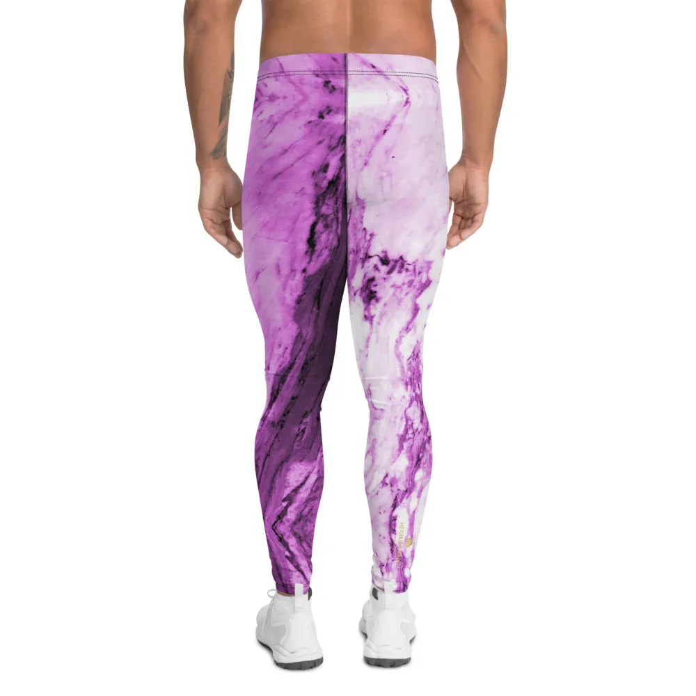Pink Purple Marble Print Meggings, Abstract Designer Cool Men's Leggings-Made in USA/EU