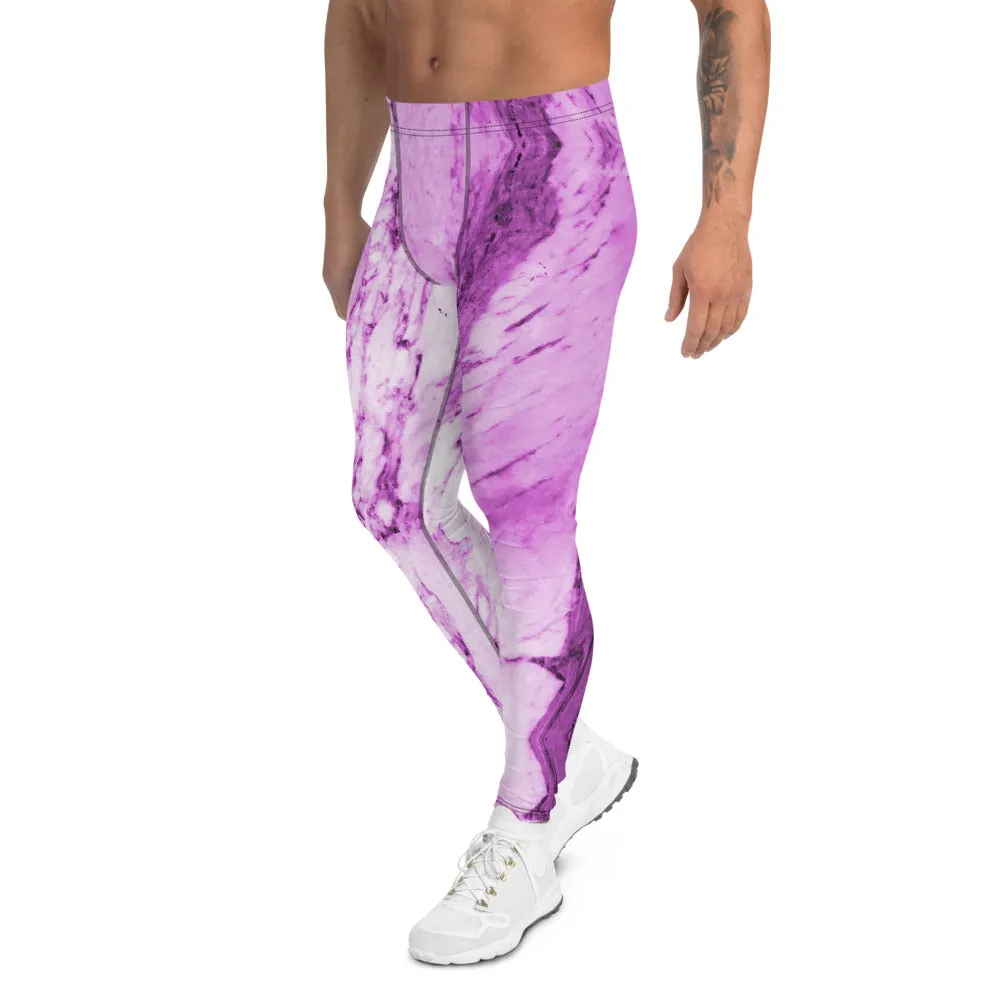 Pink Purple Marble Print Meggings, Abstract Designer Cool Men's Leggings-Made in USA/EU