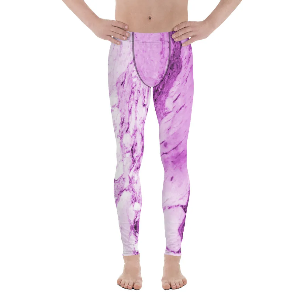 Pink Purple Marble Print Meggings, Abstract Designer Cool Men's Leggings-Made in USA/EU