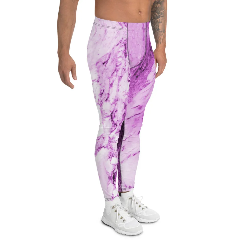 Pink Purple Marble Print Meggings, Abstract Designer Cool Men's Leggings-Made in USA/EU