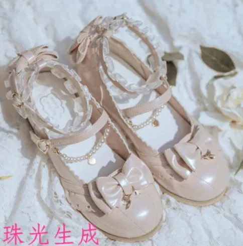 Sohiwoo Japanese sweet lolita shoes vintage round head thick heel women shoes cute lace bowknot princess kawaii shoes loli cosplay