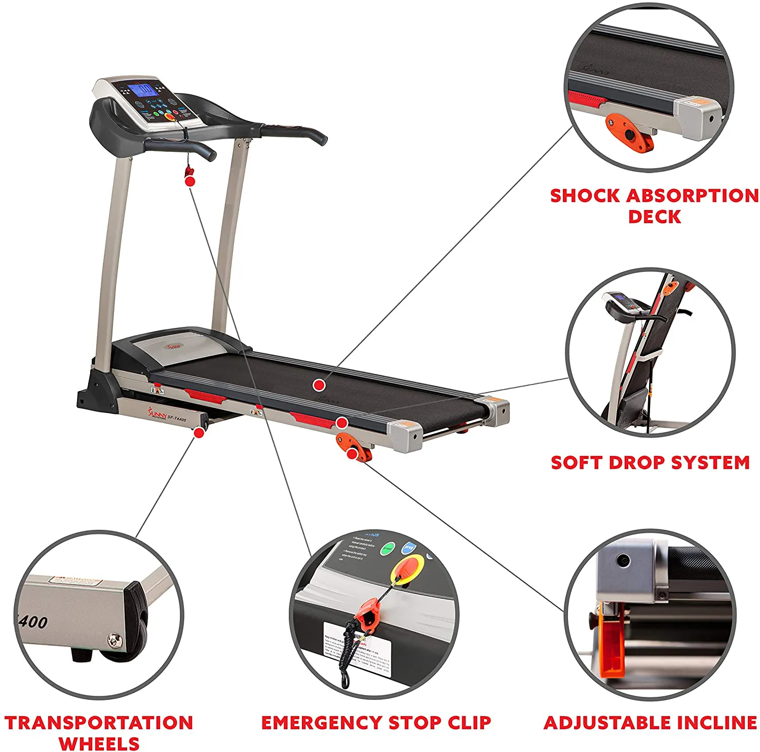 Sunny Health & Fitness Folding Treadmill with Device Holder, Shock Absorption and Incline